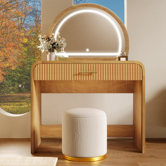 39 Makeup Vanity Table With Mirror Touch Screen Lighted Mirror, Dressing Table With Drawer For Bedroom, Natural - Smith Beauty Store