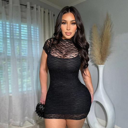 Feminine Fitted Lace Sheer Short - Sleeve Dress - Smith Beauty Store